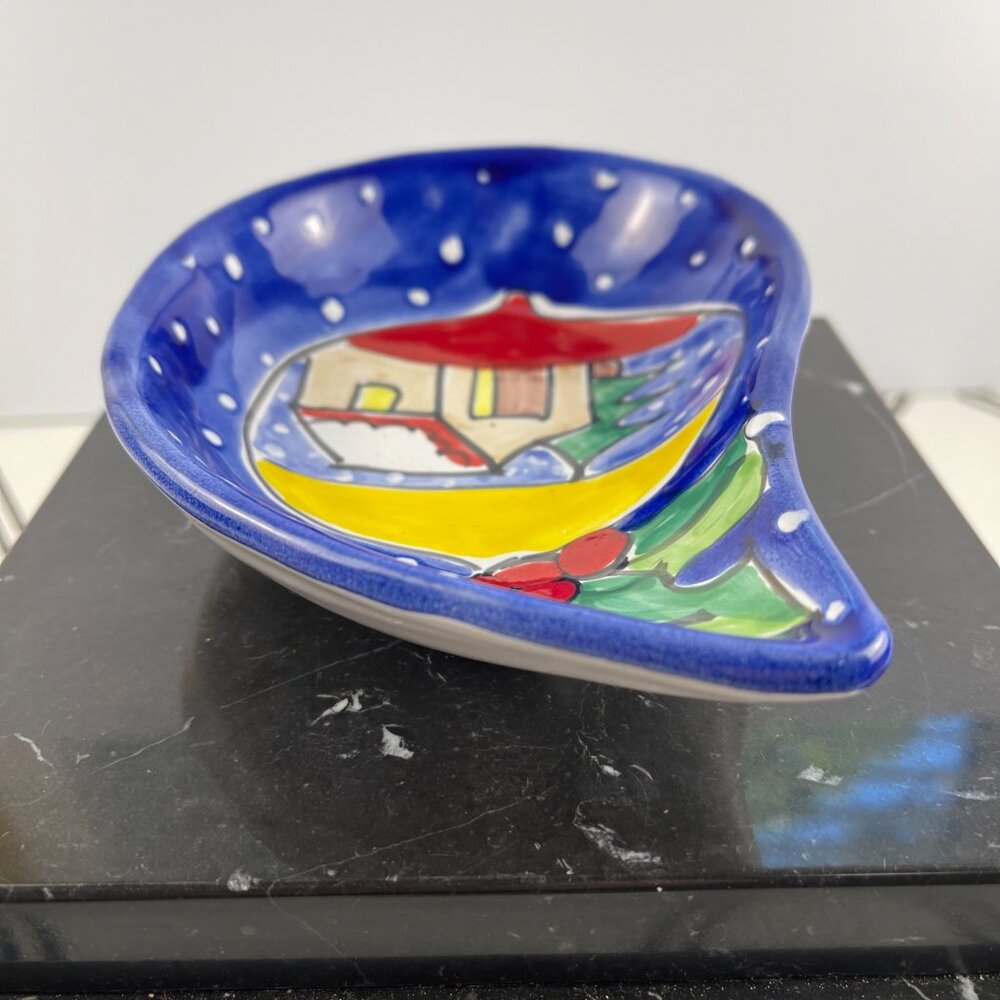 Vintage Made in Italy Ceramic Christmas Trinket Dish Winter Cottage Scene Blue - Picture 4 of 11
